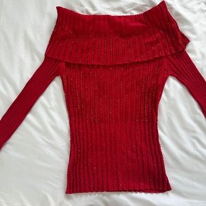 Long sleeve off the shoulder red beaded sweater